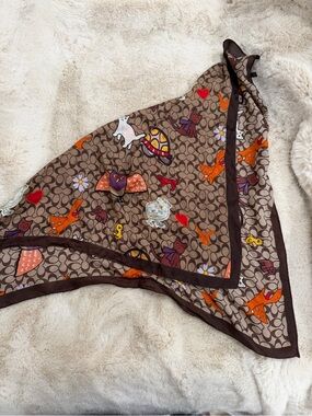 Coach Brown Signature Fox & Hearts Print Silk Scarf